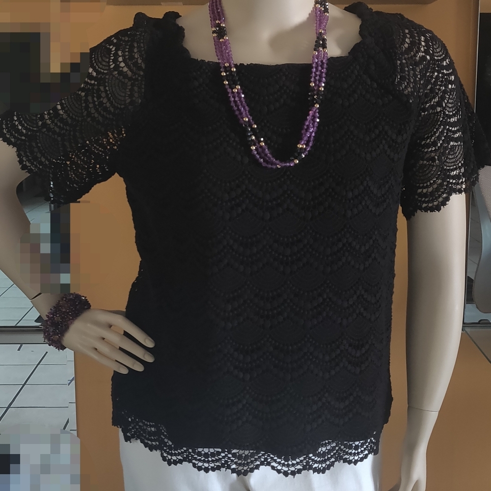 Talbots Black Short Sleeve  Scalloped Overlay Top